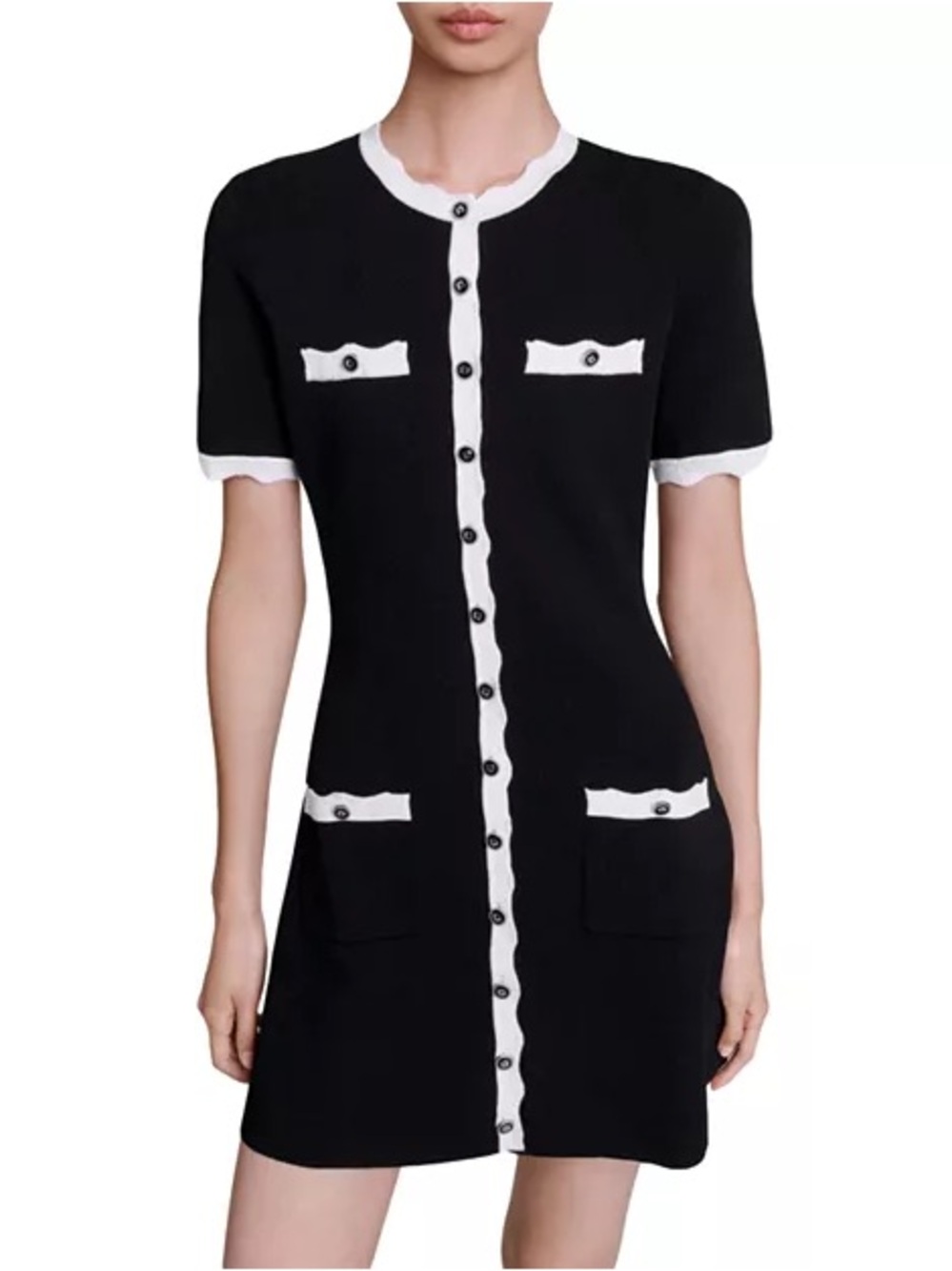 NWT Maje Rolinette Contrast Trim Knit Dress Black/Ivory Size 38